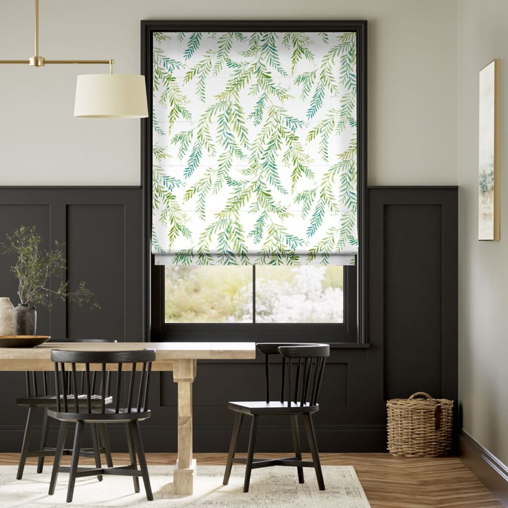 How to clean roman blinds - image shows roman blind in a dining room in Dappled Ferns fabric