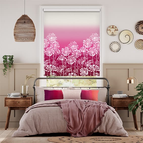 A Clarissa Hulse Dill roller blind shown in a bedroom interior 