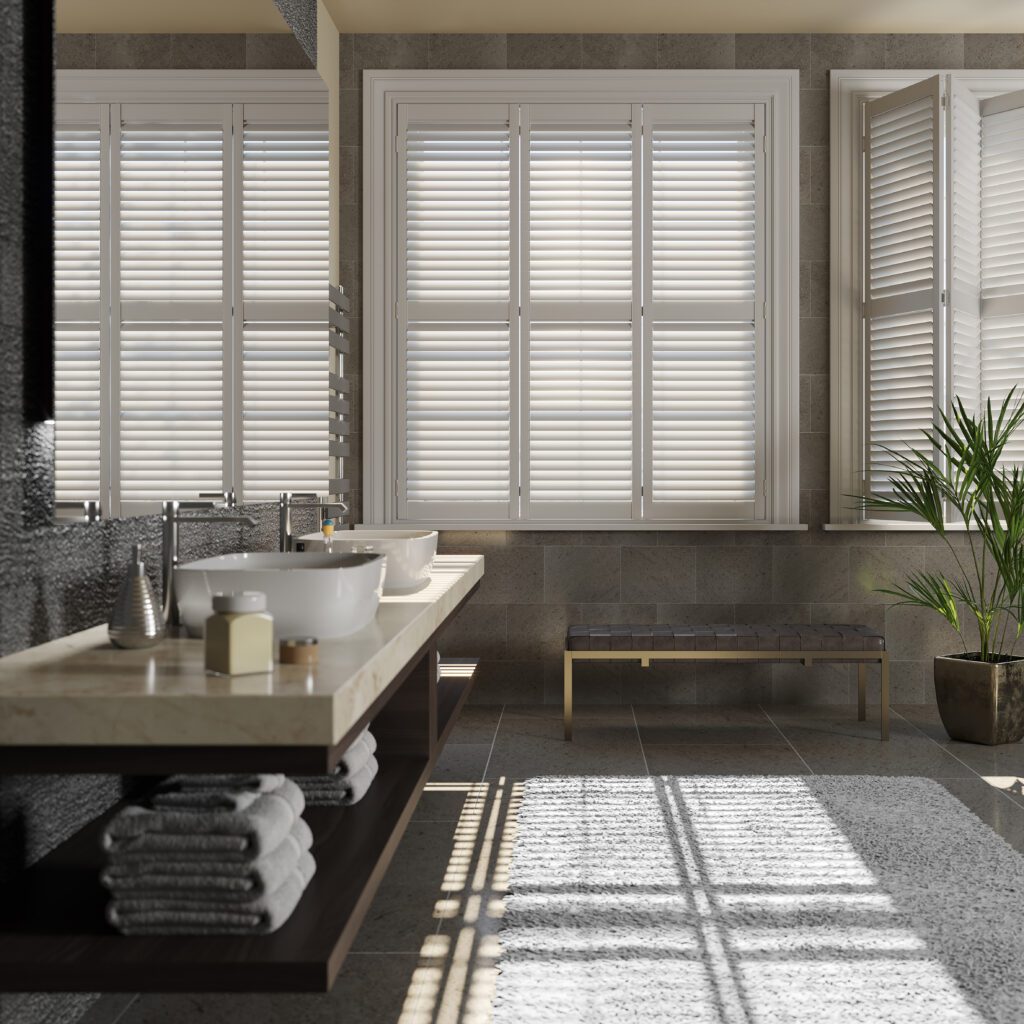 Bathroom interior showing the express plantation shutters on the windows.