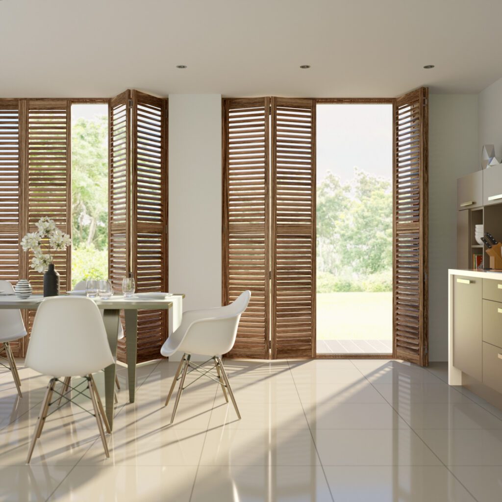 Kinglake Colonial Pine plantation shutters have a warm timber finish.