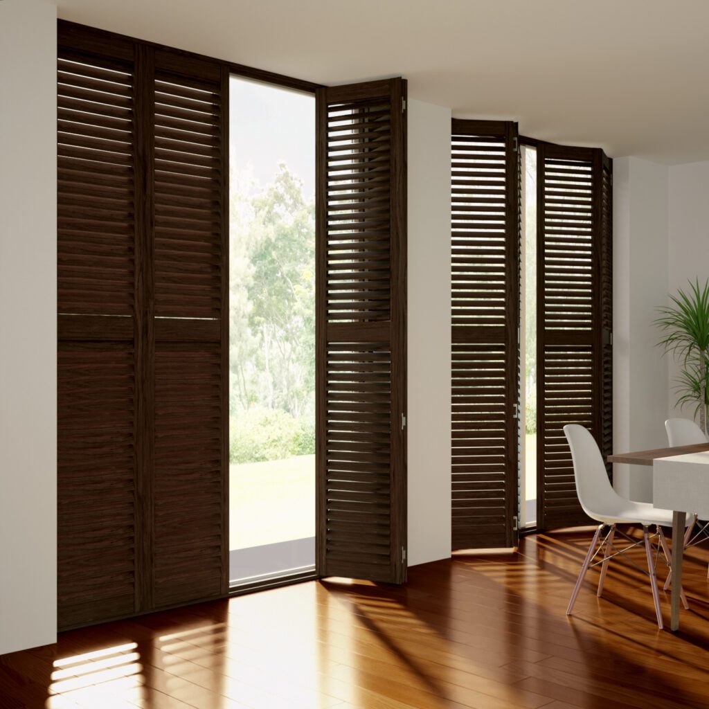 Kinglake Rosewood plantation shutters have a beautifully rich finish to the timber. 