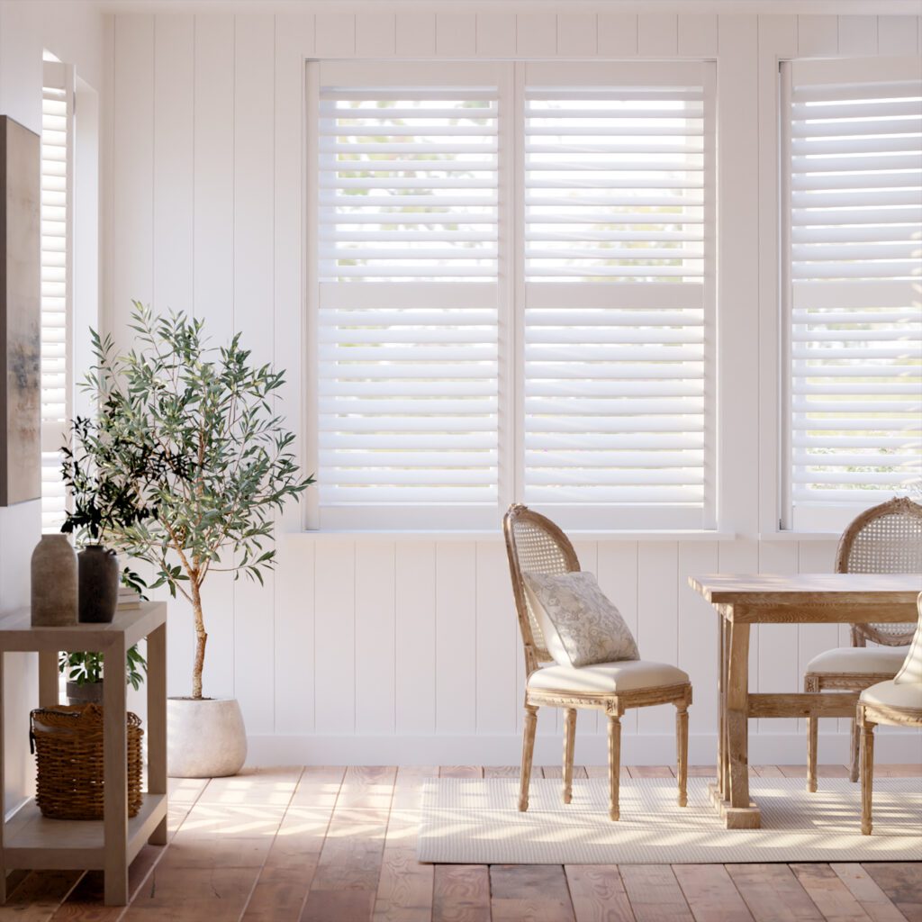 A dining room interior showing the Easi-Fit Express plantation shutters