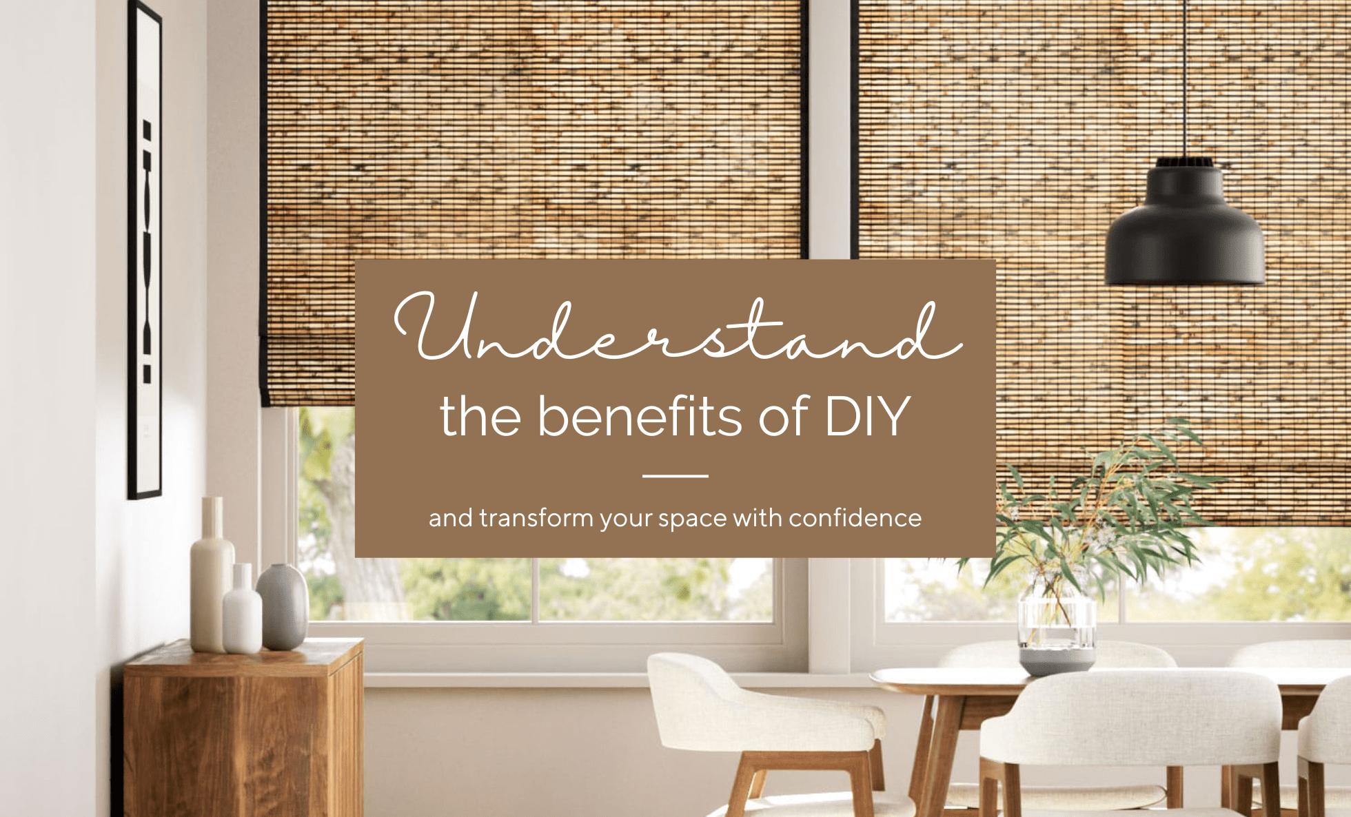 Feature image shows DIY bamboo roman blinds in a dining interior