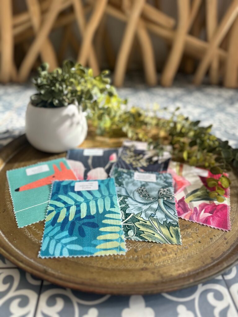 Looking for free fabric samples before buying blinds and curtains? Tuiss Blinds Online offers up to 20 swatches for free. Images show a range of samples from neutral textures, whimsical prints and eye catching designer fabrics